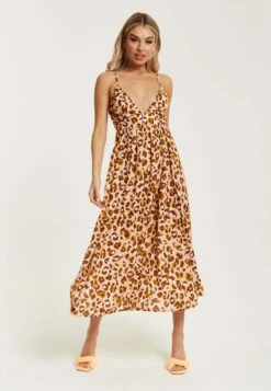 Liquorish Leopard Strappy MidiWith Open Back - Day Dress - Brown