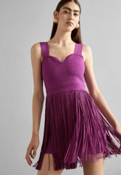 HERVE LEGER Fringe Ottoman Sweeheart Mini Dress - Shift Dress - Mulberry
