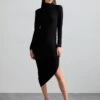 Norma Kamali LONG SLEEVE TURTLENECK SIDE DRAPE DRESS TO MIDCALF - Jersey Dress - Black