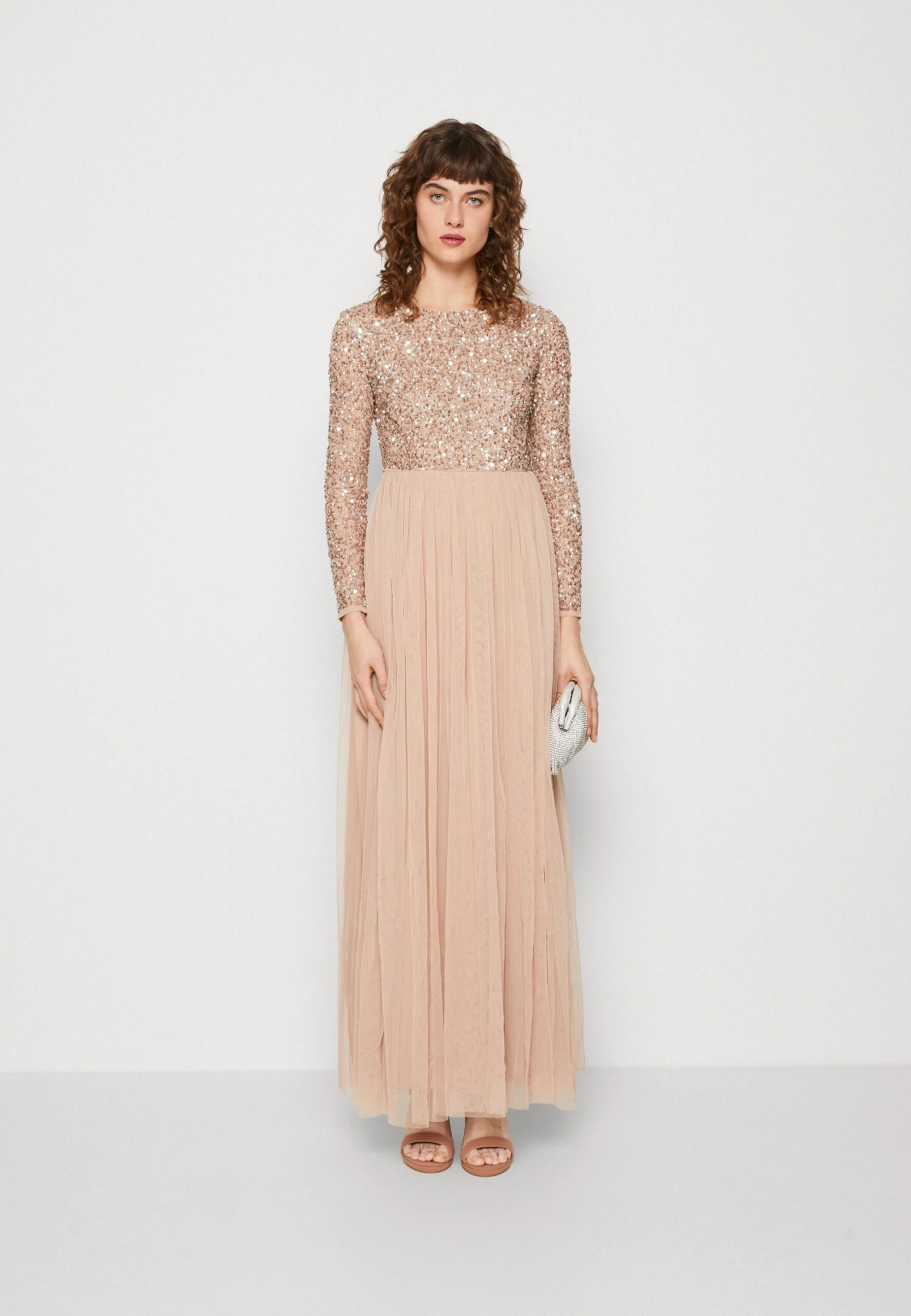 Long Sleeve Delicate Midaxi Dress - Occasion Wear - Taupe Blush 2 Long Sleeve Delicate Midaxi Dress - Occasion Wear - Taupe Blush - Image 2