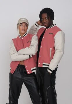 Lamar Varsity Jacket Unisex - Faux Leather Jacket - Coral -Modern Classic Shoes Store 6989b6b2882f45d285fd3d109057e05b