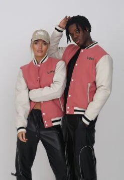 Lamar Varsity Jacket Unisex - Faux Leather Jacket - Coral -Modern Classic Shoes Store 8a017222170a4fe5ab58d611207414c4