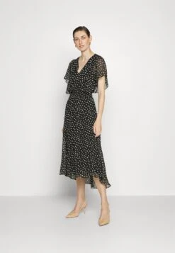 DKNY V-Neck Flutter Sleeve Smocked Waist Midi Dress - Day Dress - Black/Multi