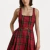 PLAID BELTED TAFFETA COCKTAIL DRESS - Day Dress - Black/red