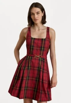 PLAID BELTED TAFFETA COCKTAIL DRESS - Day Dress - Black/red