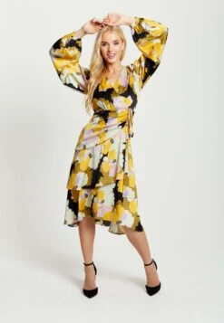 Liquorish EARTH TONE FLORAL PRINT MIDI WRAP WITH FRILL DET - Day Dress - Black