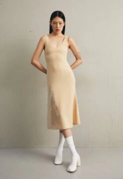 A.W.A.K.E. Mode Fitted Tank Dress - Cocktail Dress / Party Dress - Beige