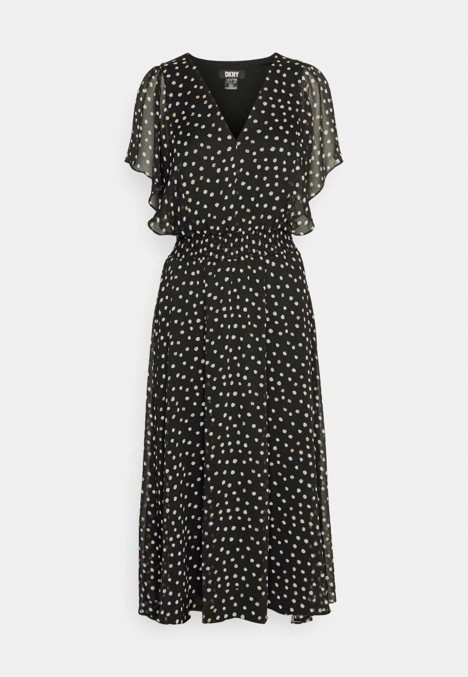 DKNY V-Neck Flutter Sleeve Smocked Waist Midi Dress - Day Dress - Black/Multi 5 DKNY V-Neck Flutter Sleeve Smocked Waist Midi Dress - Day Dress - Black/Multi - Image 5
