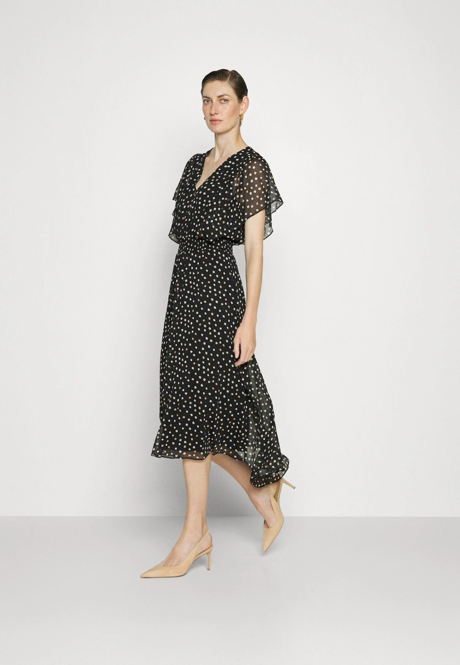 DKNY V-Neck Flutter Sleeve Smocked Waist Midi Dress - Day Dress - Black/Multi 2 DKNY V-Neck Flutter Sleeve Smocked Waist Midi Dress - Day Dress - Black/Multi - Image 2